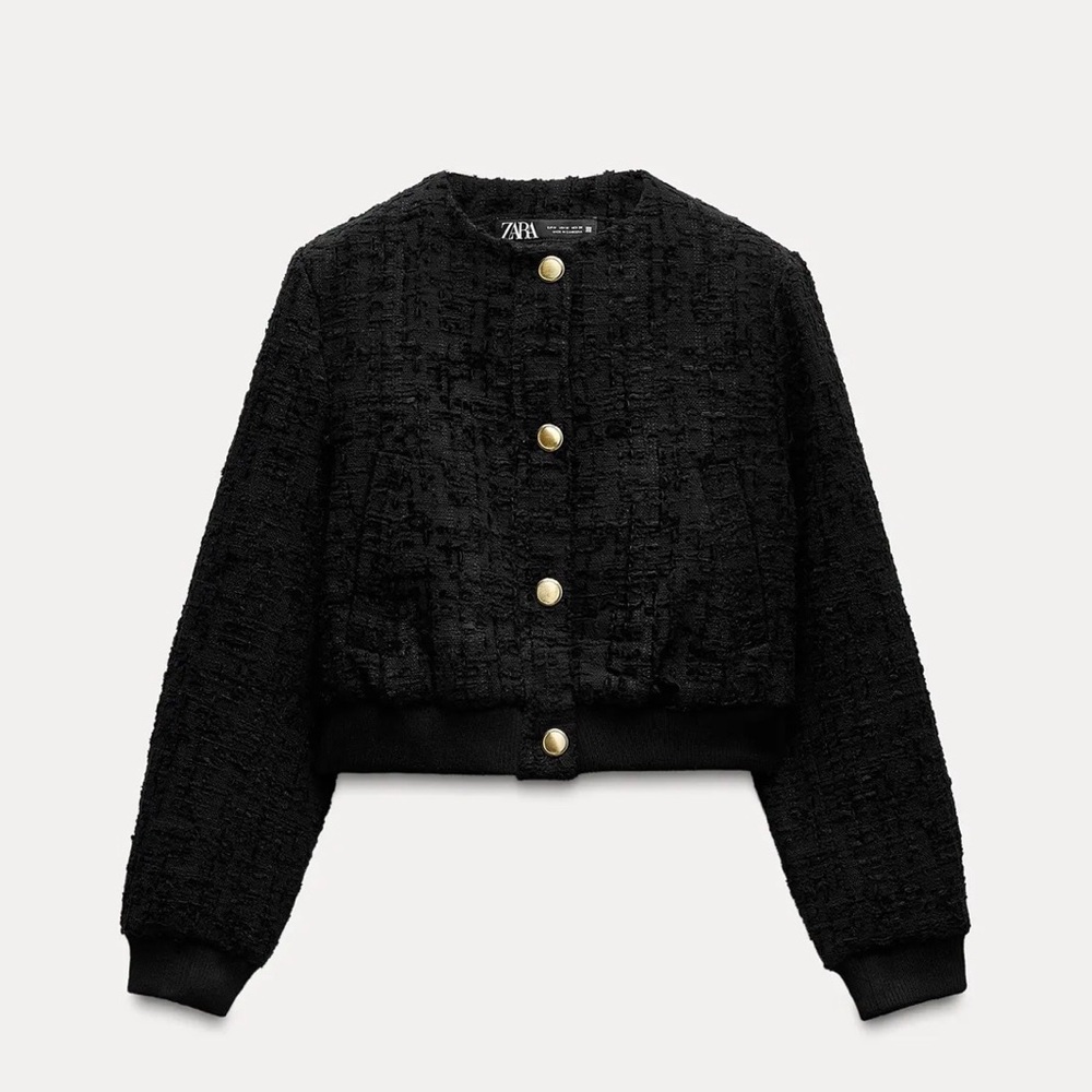 Zara Black Textured Weave Bomber Jacket with Gold Buttons. S